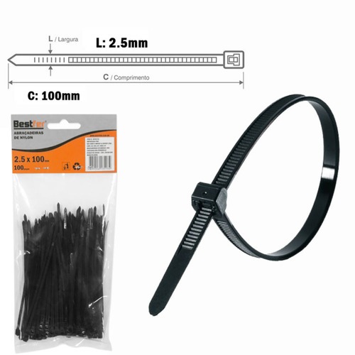 Abraçadeira de nylon 2,5 mm x 10 cm 100 peças - BFH0742 Abraçadeira de nylon 2,5 mm x 10 cm 100 peças - BFH0742