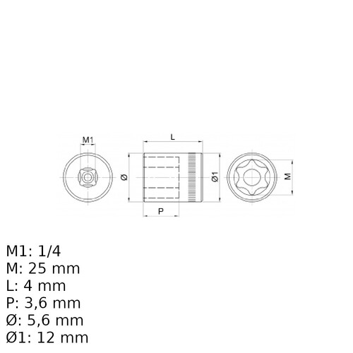 Soquete hexalobular E4 encaixe 1/4 Soquete hexalobular E4 encaixe 1/4