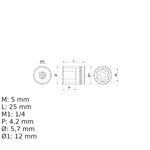 Soquete hexalobular E5 encaixe 1/4 Soquete hexalobular E5 encaixe 1/4