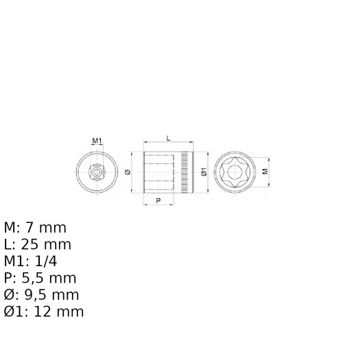 Soquete hexalobular E7 encaixe 1/4 Soquete hexalobular E7 encaixe 1/4