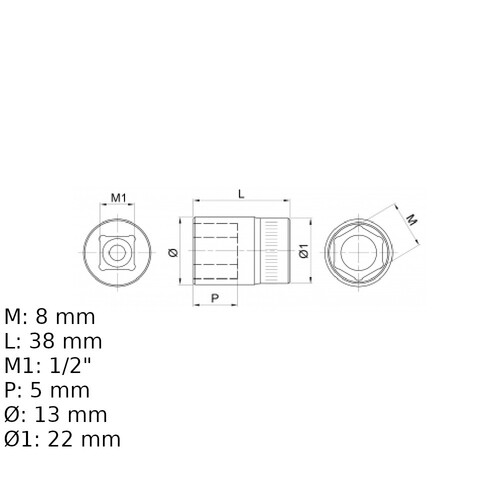 Soquete sextavado 8 mm encaixe 1/2 Soquete sextavado 8 mm encaixe 1/2