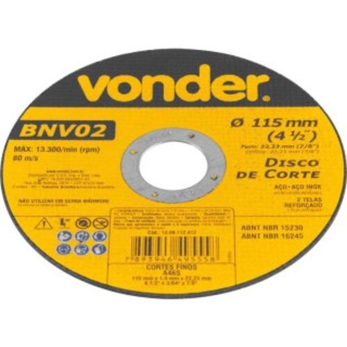 Disco de corte para metal e inox 115 x 1,0 x 22,23 mm - BNV 02