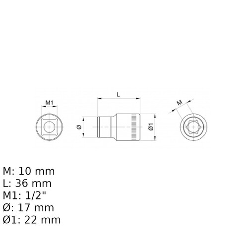 Soquete sextavado 10 mm encaixe 1/2 Soquete sextavado 10 mm encaixe 1/2