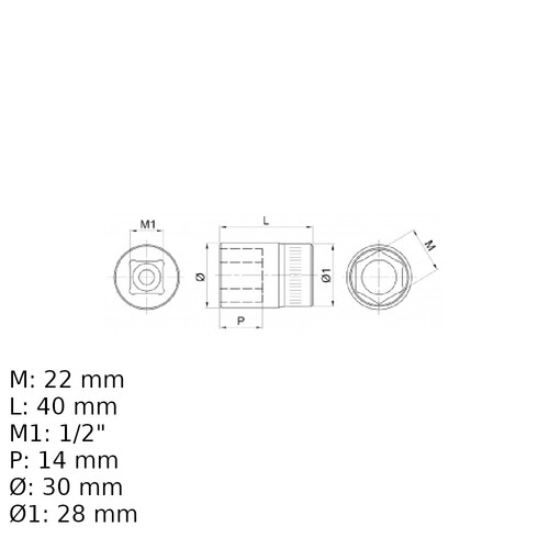 Soquete sextavado 22 mm encaixe 1/2 Soquete sextavado 22 mm encaixe 1/2