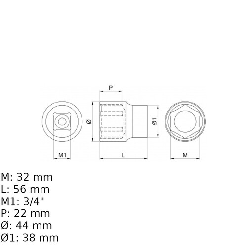 Soquete sextavado 32 mm encaixe 3/4 Soquete sextavado 32 mm encaixe 3/4