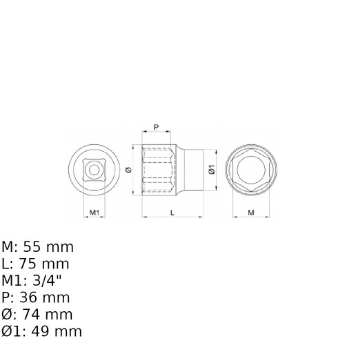 Soquete sextavado 55 mm encaixe 3/4 Soquete sextavado 55 mm encaixe 3/4