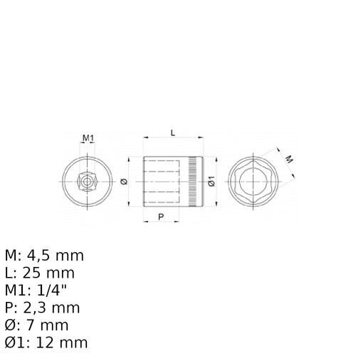 Soquete sextavado 4,5 mm encaixe 1/4 Soquete sextavado 4,5 mm encaixe 1/4