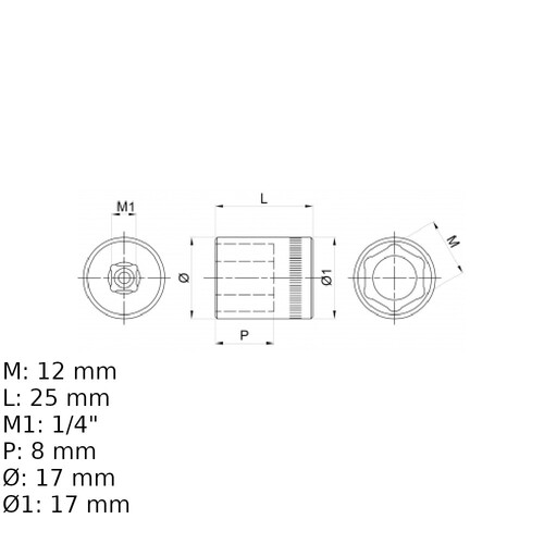 Soquete sextavado 12 mm encaixe 1/4 Soquete sextavado 12 mm encaixe 1/4
