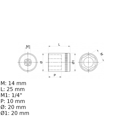 Soquete sextavado 14 mm encaixe 1/4 Soquete sextavado 14 mm encaixe 1/4