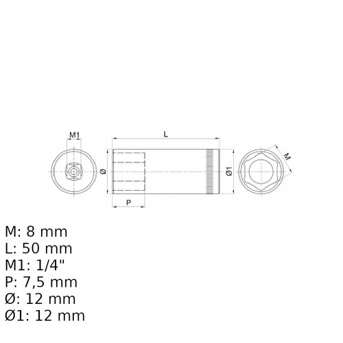 Soquete sextavado longo 8 mm encaixe 1/4 Soquete sextavado longo 8 mm encaixe 1/4