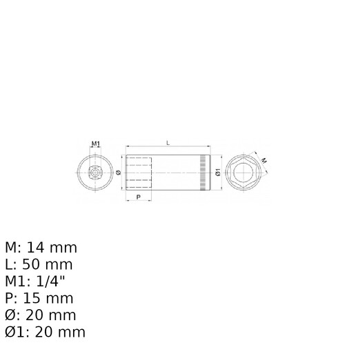 Soquete sextavado longo 14 mm encaixe 1/4 Soquete sextavado longo 14 mm encaixe 1/4