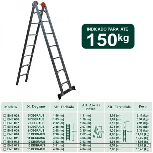 Escada de alumínio extensível 3,81 x 6,54 m 2 x 13 degraus 3 em 1