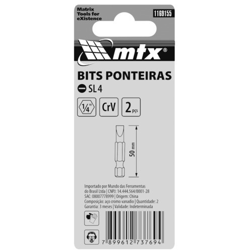 Bits fenda SL4 x 50 mm encaixe 1/4 Bits fenda SL4 x 50 mm encaixe 1/4