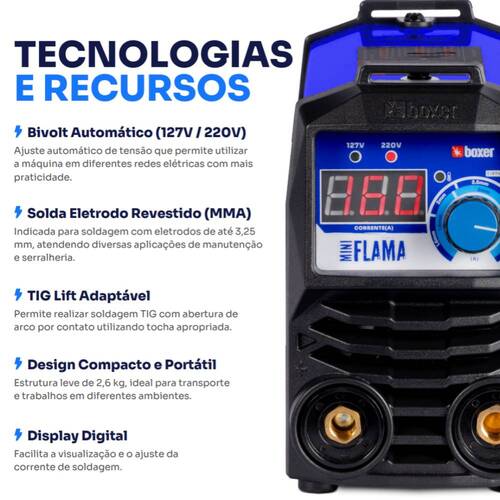 Inversora de solda 160A para Eletrodo revestido e Tig monof�sica - Mini Flama  110V/220V