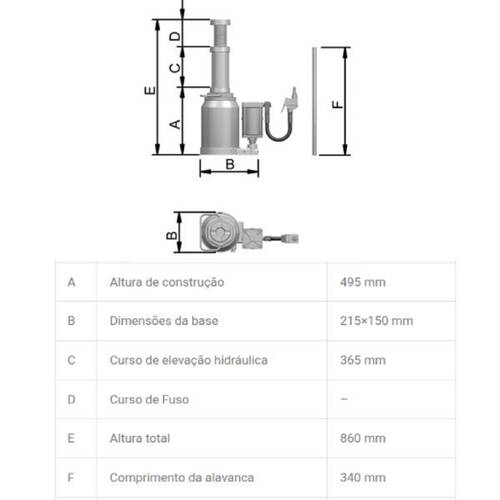 Macaco hidropneumático tipo garrafa 30T - MTPM30 Macaco hidropneumático tipo garrafa 30T - MTPM30