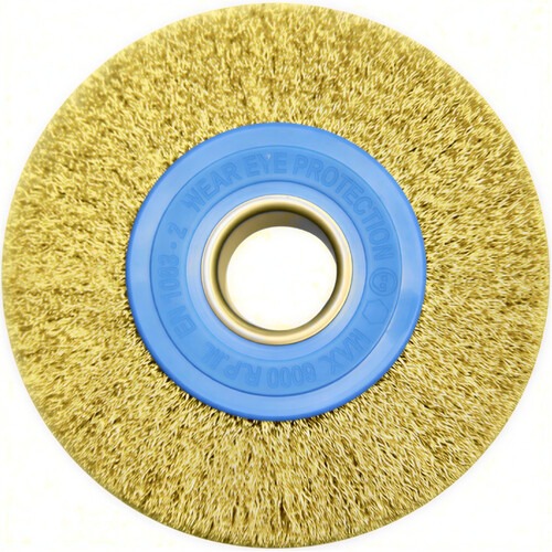 Escova de aço latonado circular ondulada 152,4 x 19 mm com furo Escova de aço latonado circular ondulada 152,4 x 19 mm com furo