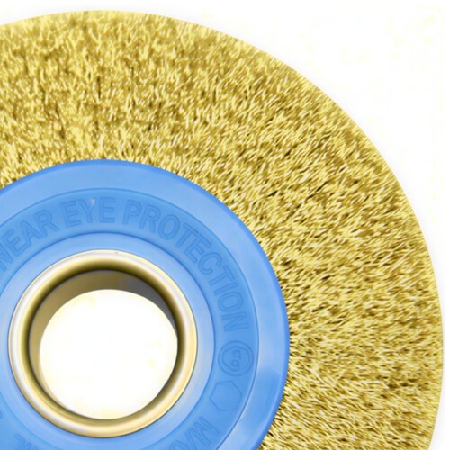 Escova de aço latonado circular ondulada 152,4 x 19 mm com furo Escova de aço latonado circular ondulada 152,4 x 19 mm com furo