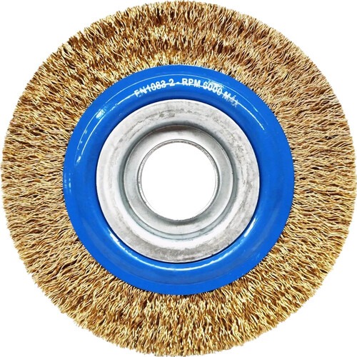 Escova de aço latonado circular ondulada 152,4 x 19 mm com furo Escova de aço latonado circular ondulada 152,4 x 19 mm com furo