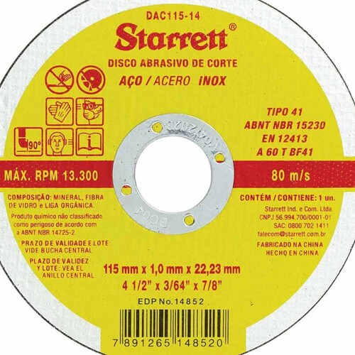 Disco de corte para metal e inox 115 x 1 x 22,2 mm