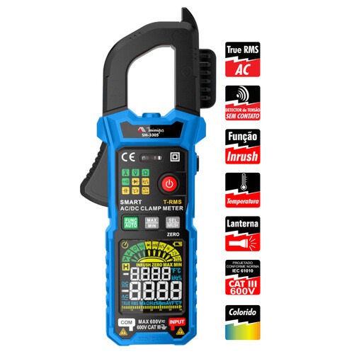 Alicate amperímetro digital True Rms CAT III 600V Smart - SM-3305 Alicate amperímetro digital True Rms CAT III 600V Smart - SM-3305