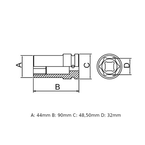 Soquete de impacto sextavado longo 32 mm encaixe 3/4 Soquete de impacto sextavado longo 32 mm encaixe 3/4