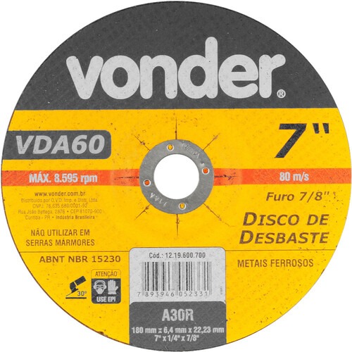 Disco de desbaste para metal 180 x 6,4 x 22,23 mm - VDA-60 