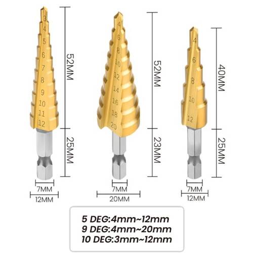 Jogo de brocas escalonadas 3 a 20 mm 3 peças - BOM-5020 Jogo de brocas escalonadas 3 a 20 mm 3 peças - BOM-5020