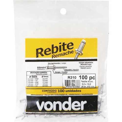 Rebite de repuxo 3,2 x 10 mm com 100 peças Rebite de repuxo 3,2 x 10 mm com 100 peças
