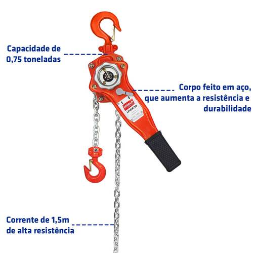 Talha manual de alavanca capacidade 750 kg corrente de 1,5 metro - LEVER750 Talha manual de alavanca capacidade 750 kg corrente de 1,5 metro - LEVER750