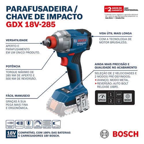 Parafusadeira chave de impacto a bateria 18V Brushless com 2 baterias - GDX 18V-285 110V/220V Parafusadeira chave de impacto a bateria 18V Brushless com 2 baterias - GDX 18V-285 110V/220V