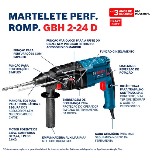 Combo Martelete Perfurador Rompedor 820W 2,7J GBH 2-24D + Esmerilhadeira angular 4.1/2 Combo Martelete Perfurador Rompedor 820W 2,7J GBH 2-24D + Esmerilhadeira angular 4.1/2