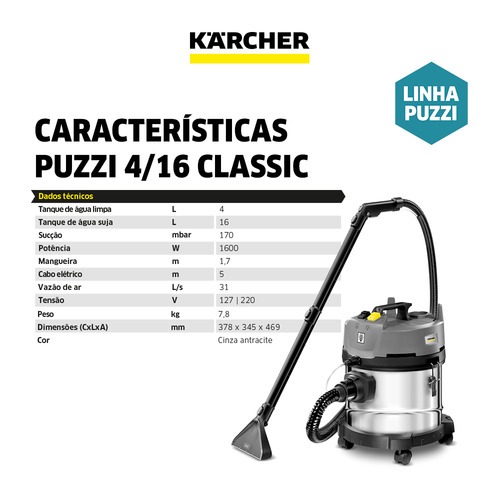 Extratora de carpete e Aspirador 16L 1600 watts - Puzzi 4/16 Classic  110V