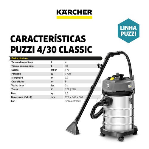 Extratora de carpetes e aspirador 30 Litros 1700 watts - Puzzi 4/30 110V Extratora de carpetes e aspirador 30 Litros 1700 watts - Puzzi 4/30 110V
