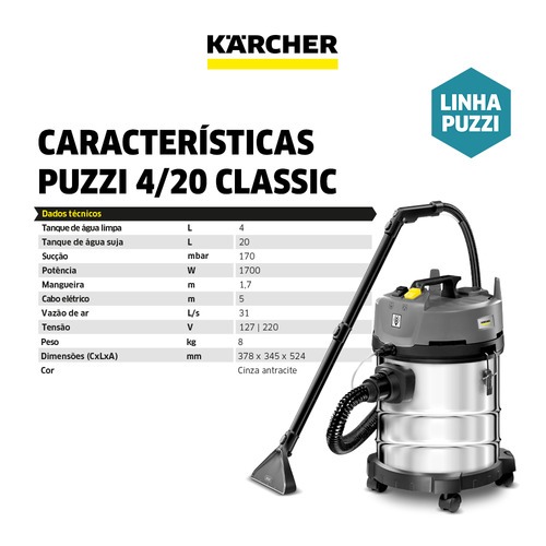 Extratora de carpetes e aspirador 20 Litros 1700 watts - Puzzi 4/20  220V