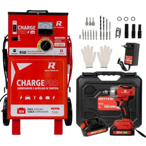 Kit Carregador bateria 12V 50A com auxiliar de partida - Charge PRO + Chave impacto Parafusadeira 21V 2 baterias RCI2135 110V/220V Kit Carregador bateria 12V 50A com auxiliar de partida - Charge PRO + Chave impacto Parafusadeira 21V 2 baterias RCI2135 110V/220V