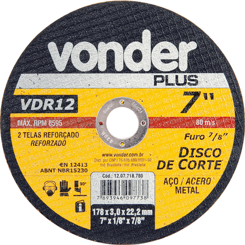 Disco de corte para metal 180 x 3,0 x 22,23 mm - VDR12
