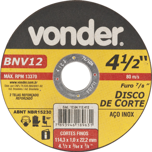 Disco de corte para metal e inox 115 x 1,0 x 22,23 mm - BNV12 Disco de corte para metal e inox 115 x 1,0 x 22,23 mm - BNV12