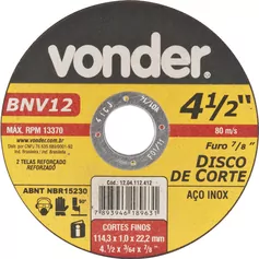 Disco de corte para metal e inox 115 x 1,0 x 22,23 mm - BNV12 