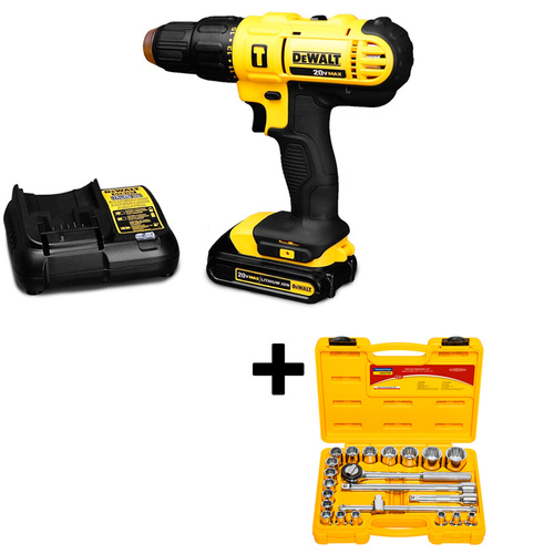Furadeira Parafusadeira de impacto à bateria 20V DCD776LC1 + Jg de soquete estriado 8 a 32mm c/ 22 pçs Furadeira Parafusadeira de impacto à bateria 20V DCD776LC1 + Jg de soquete estriado 8 a 32mm c/ 22 pçs