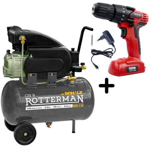 Combo Compressor de ar 9 pés 25 litros 2 hp CSI9/25 + Furadeira Parafusadeira 3/8 Combo Compressor de ar 9 pés 25 litros 2 hp CSI9/25 + Furadeira Parafusadeira 3/8