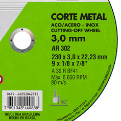Disco de corte para metal 9"x 1/8"x 7/8" - Classic AR302